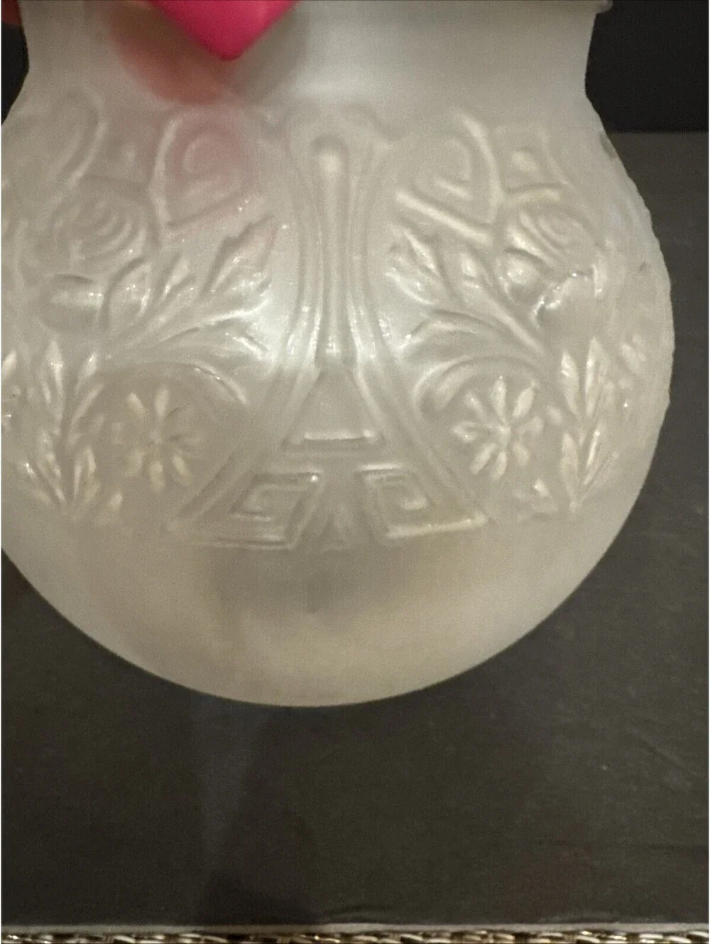 Vintage Frosted Glass Lamp Globe Embossed Rose Pattern 3 3/8” Fitter 4.75” H